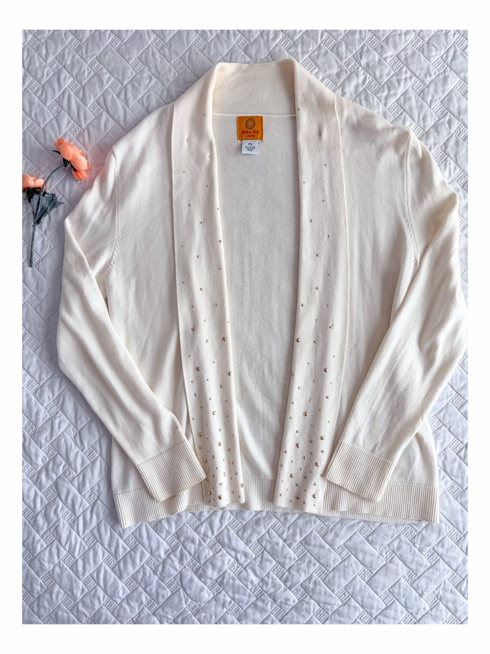 Ruby Rd Petite PS Ivory Embellished Studded Open Front Cardigan Sweater